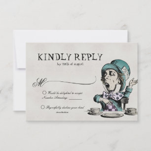 Alice in Wonderland Mad Hatter Wedding RSVP Kaartje