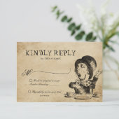 Alice in Wonderland Mad Hatter Wedding RSVP Kaartje (Staand voorkant)