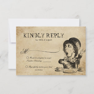 Alice in Wonderland Mad Hatter Wedding RSVP Kaartje