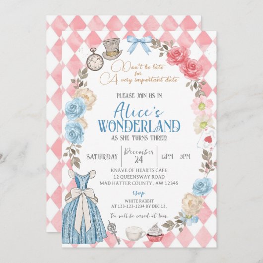 Alice in Wonderland, Meisje 3e Verjaardag Tea Part Kaart (Voorkant / Achterkant)