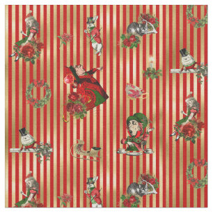 Alice in Wonderland met kerstrood/gouden strippen Stof