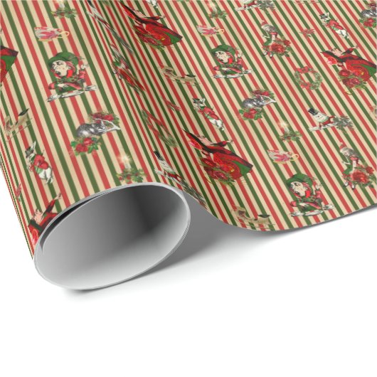 Alice in Wonderland met kerstrood/groen gestreept Cadeaupapier (Rol Hoek)