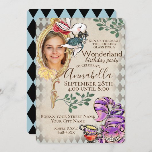 Alice in Wonderland met Photo Theme Party Kaart (Voorkant / Achterkant)