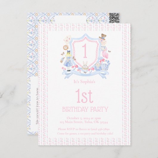 Alice in Wonderland Monogram Crest Uitnodiging (Voorkant / Achterkant)