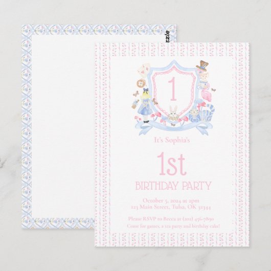 Alice in Wonderland Monogram Wapenschild Feest Briefkaart (Voorkant / Achterkant)