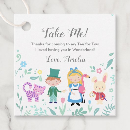 Alice in Wonderland "Neem me mee"-labels Bedankjes Labels (Voorkant)