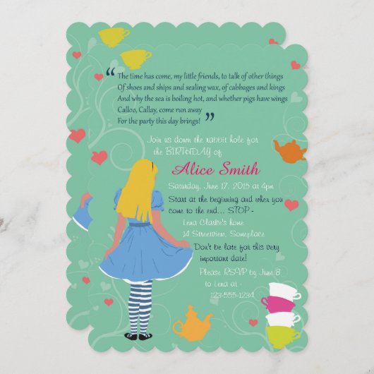Alice in wonderland nodigt uit voor de verjaardag  kaart (Voorkant / Achterkant)