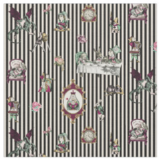 Alice in Wonderland op Black en Cream Striped Stof