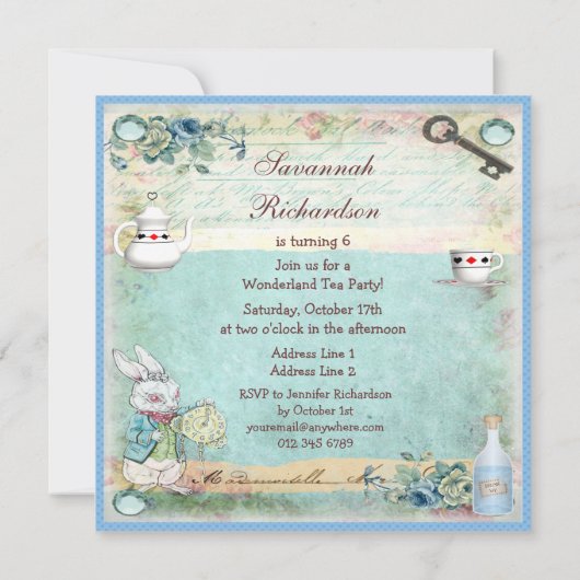 Alice in Wonderland op de dag van de geboorte Tea  Kaart (Achterkant)
