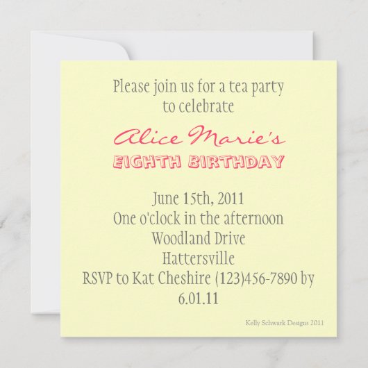 Alice in Wonderland op de dag van de geboorte Tea  Kaart (Achterkant)