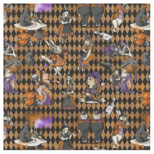 Alice in Wonderland op Oranje/zwarte Harlequin Stof