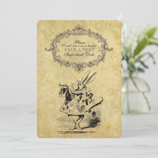 Alice in wonderland op  papieren bruiloft save the date (Staand voorkant)