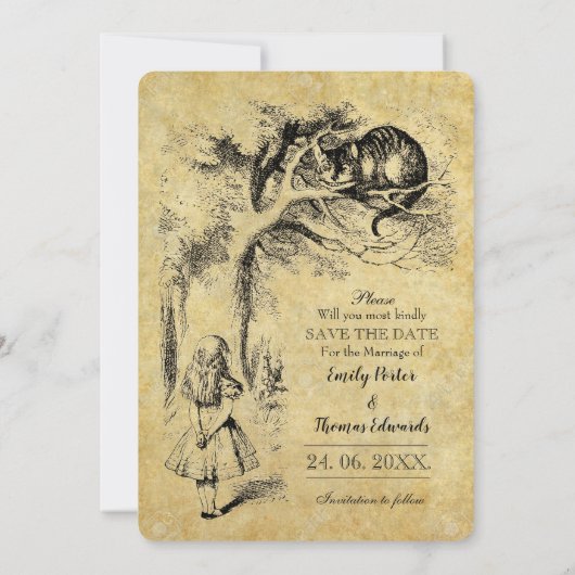 Alice in wonderland op  papieren bruiloft save the date (Achterkant)