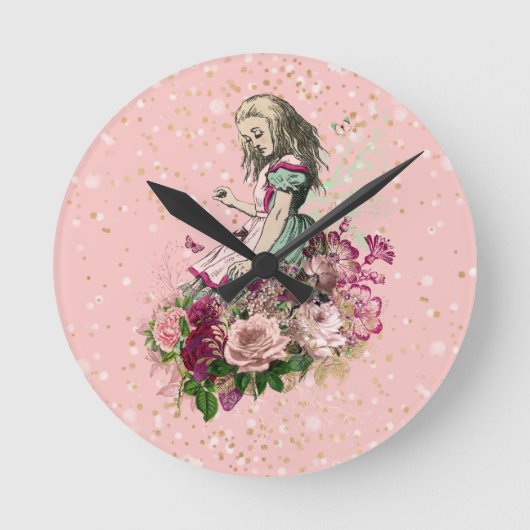 Alice in Wonderland op Roze en Gold Glitter Ronde Klok (Voorkant)