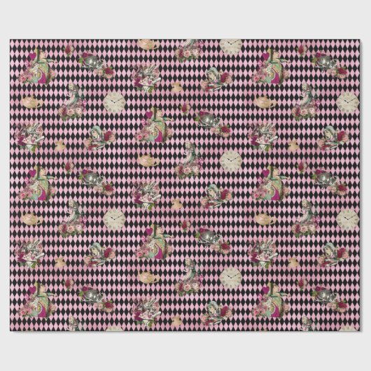 Alice in Wonderland op Roze en Zwarte Harlequin Cadeaupapier (Vlak)