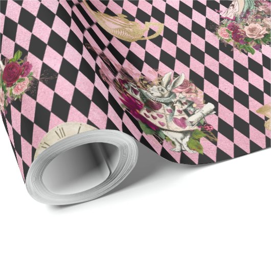 Alice in Wonderland op Roze en Zwarte Harlequin Cadeaupapier (Rol Hoek)