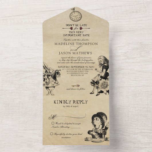 Alice in Wonderland Original Wedding All In One Uitnodiging (Binnen)