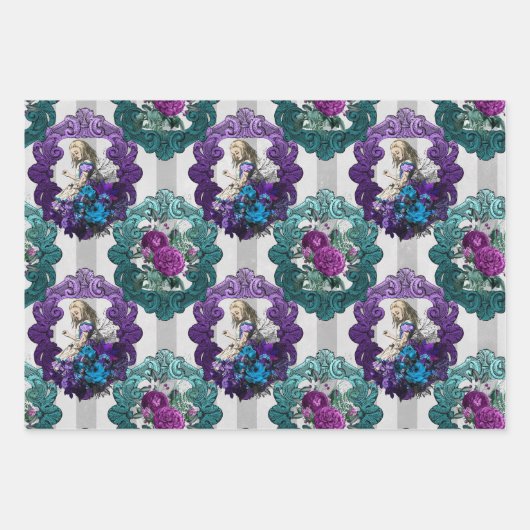 Alice in Wonderland Paarse groene Lijsten Inpakpapier Vel (Voorkant 3)