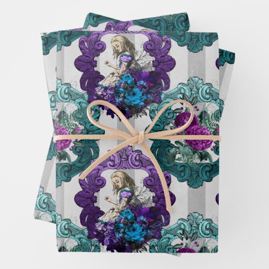 Alice in Wonderland Paarse groene Lijsten Inpakpapier Vel (In situ)