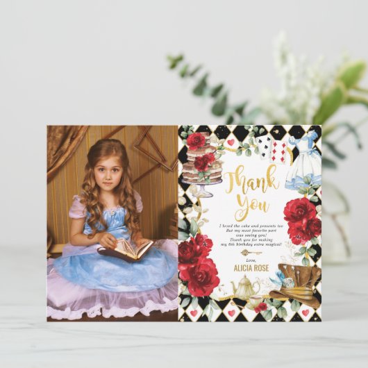Alice in Wonderland Party Foto bedankt Kaart (Staand voorkant)