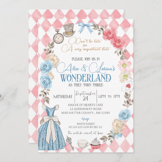 Alice in Wonderland Party, Tweeling 3e Verjaardag  Kaart (Voorkant / Achterkant)
