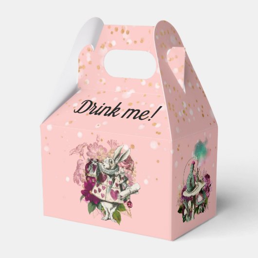 Alice in Wonderland Personages op Roze en Goud Bedankdoosjes (Achterkant)