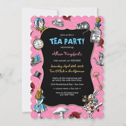 Alice in Wonderland Pink Tea Party Kaart (Voorkant)