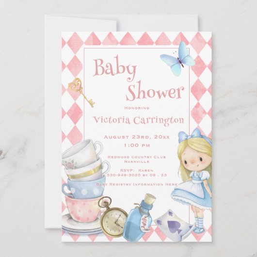 Alice in Wonderland Pink Whimsical Baby shower Kaart (Voorkant)