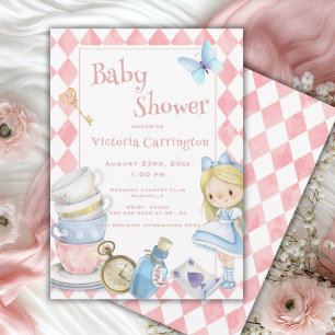 Alice in Wonderland Pink Whimsical Baby shower Kaart
