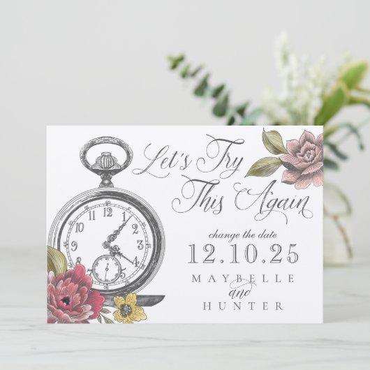 Alice in Wonderland Pocket Watch & Florals Save The Date (Staand voorkant)