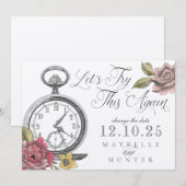  Alice in Wonderland Pocket Watch & Florals Save The Date (Voorkant / Achterkant)