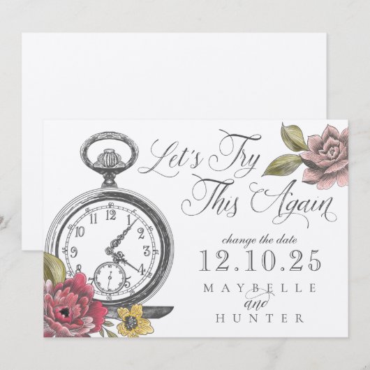 Alice in Wonderland Pocket Watch & Florals Save The Date (Voorkant / Achterkant)