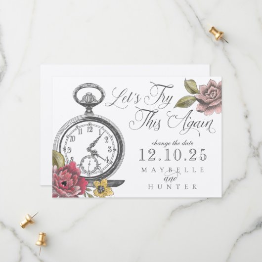 Alice in Wonderland Pocket Watch & Florals Save The Date (Voorkant / Achterkant in situ)