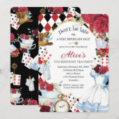 Alice in Wonderland Red Floral Birthday Tea Party Kaart (Voorkant / Achterkant)