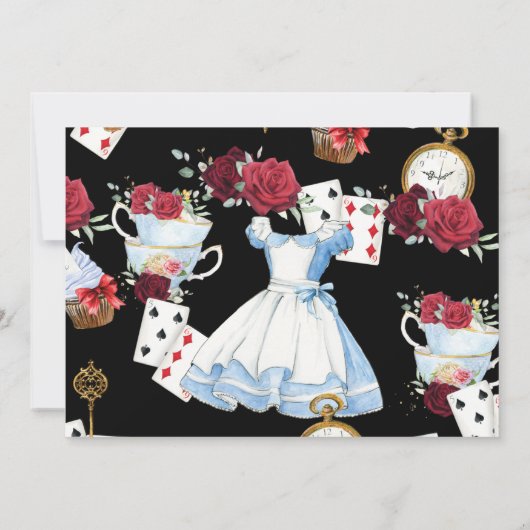 Alice in Wonderland Red Floral Birthday Tea Party Kaart (Achterkant)