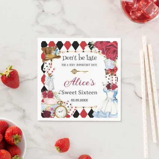 Alice in Wonderland Red Floral Birthday Tea Party Servet (Insitu)