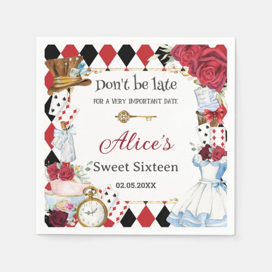 Alice in Wonderland Red Floral Birthday Tea Party Servet (Voorkant)