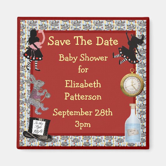 Alice in Wonderland Red Save The Date Baby shower Magneet (Voorkant)