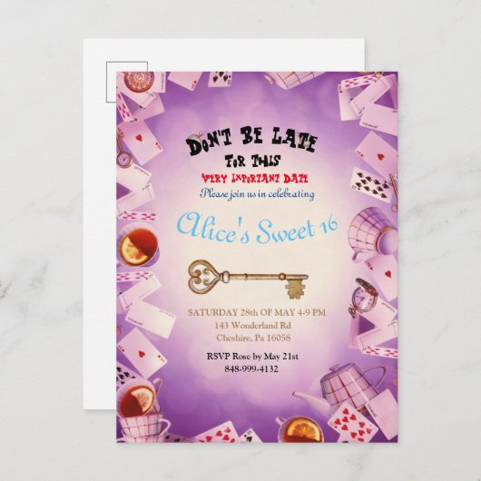 Alice in Wonderland redt de datum waarop ze anno w Aankondigingskaart (Voorkant / Achterkant)