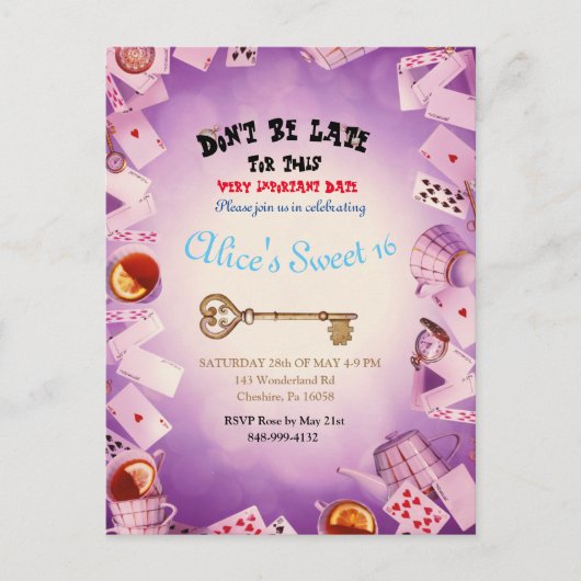 Alice in Wonderland redt de datum waarop ze anno w Aankondigingskaart (Voorkant)