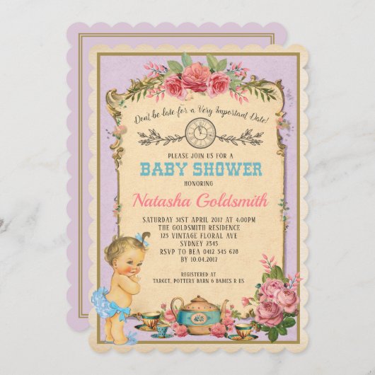 Alice in Wonderland Retro Baby Tea Invite Kaart (Voorkant / Achterkant)