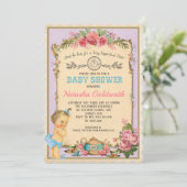 Alice in Wonderland Retro Baby Tea Invite Kaart (Staand voorkant)