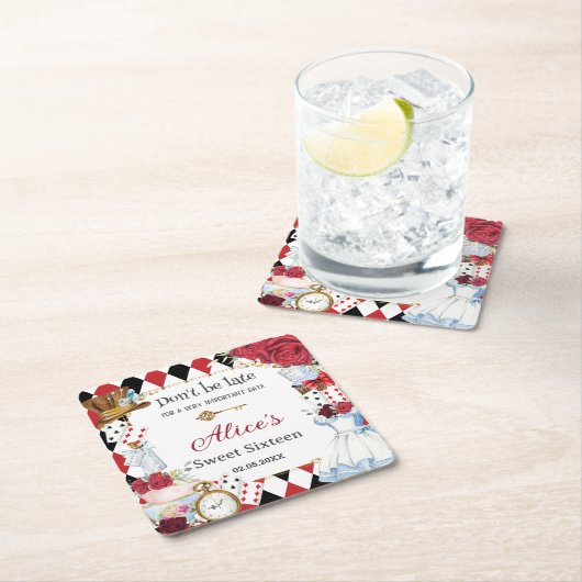 Alice in Wonderland Rood Bloemengeborten Theeparti Kartonnen Onderzetters (Insitu)