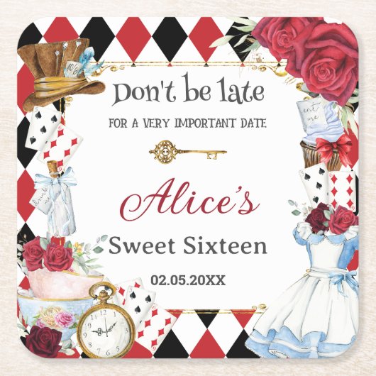 Alice in Wonderland Rood Bloemengestrikt Feestelij Kartonnen Onderzetters (Voorkant)
