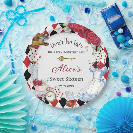 Alice in Wonderland Rood Bloemige Verjaardags Thee Papieren Bordje (Feest)