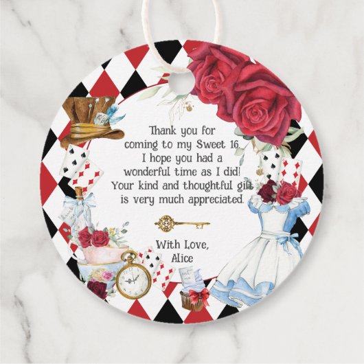 Alice in Wonderland Rood Bloemstuk Verjaardags The Bedankjes Labels (Achterkant)