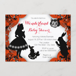 Alice in Wonderland Rood Zwart Baby shower Kaart