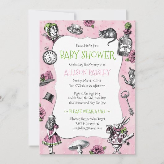 Alice in Wonderland Roze Baby shower Kaart (Voorkant)