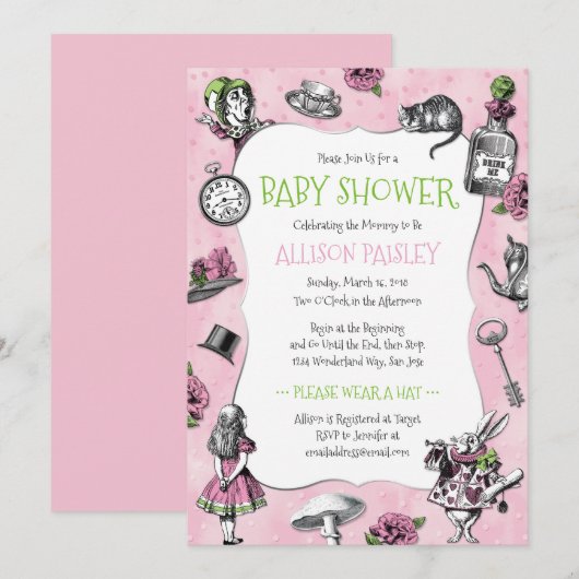 Alice in Wonderland Roze Baby shower Kaart (Voorkant / Achterkant)