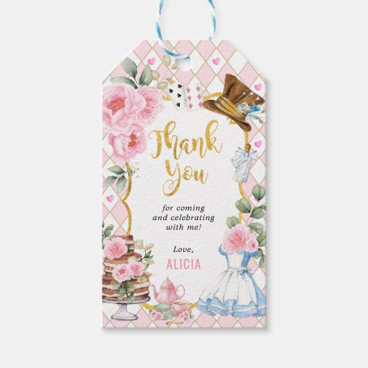 Alice in Wonderland Roze Bloem Verjaardag Tea Part Cadeaulabel (Voorkant)